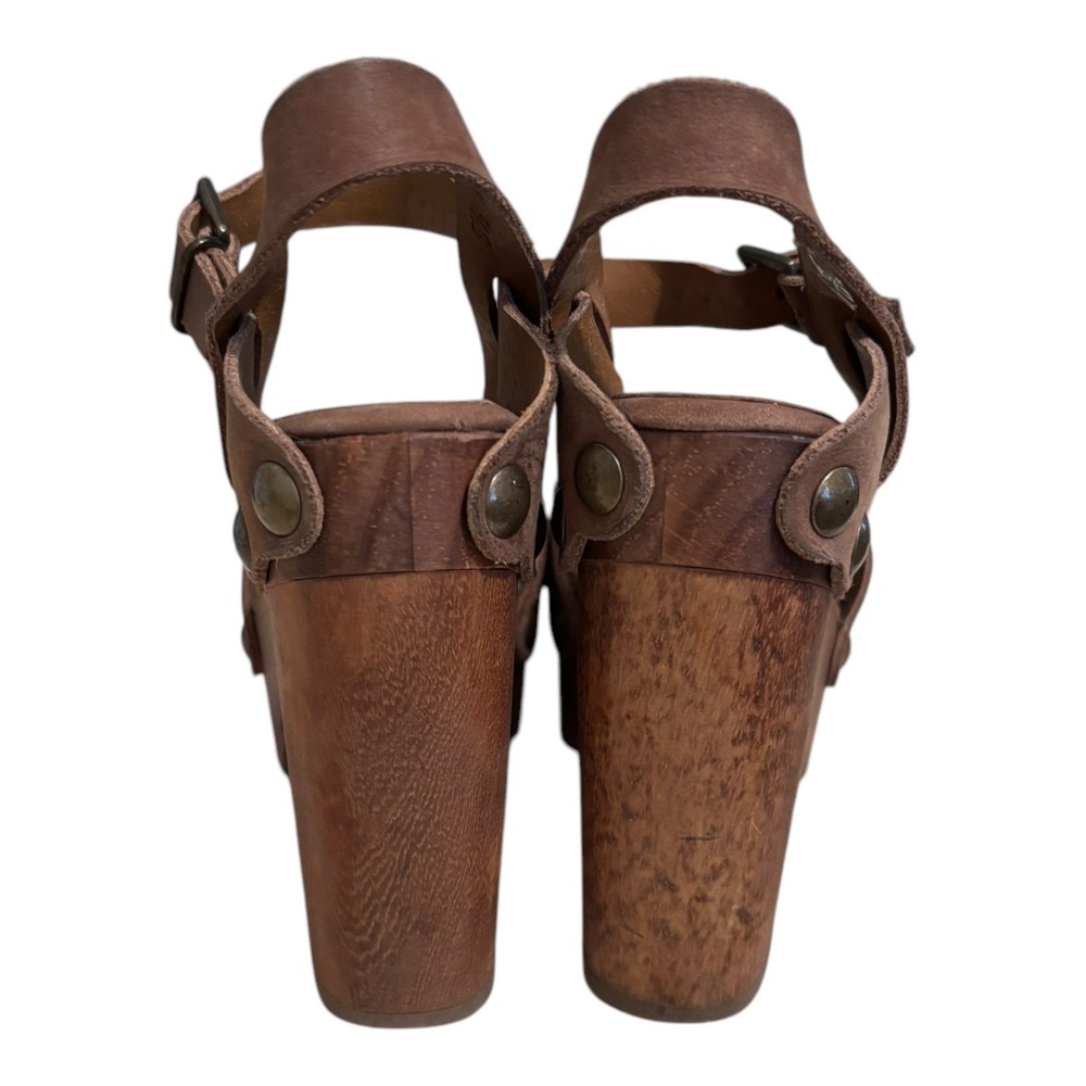 Five Worlds Wooden Platform Sandals Ankle Strap Clogs Brown Heels Size 5.5 - Picture 3 of 6